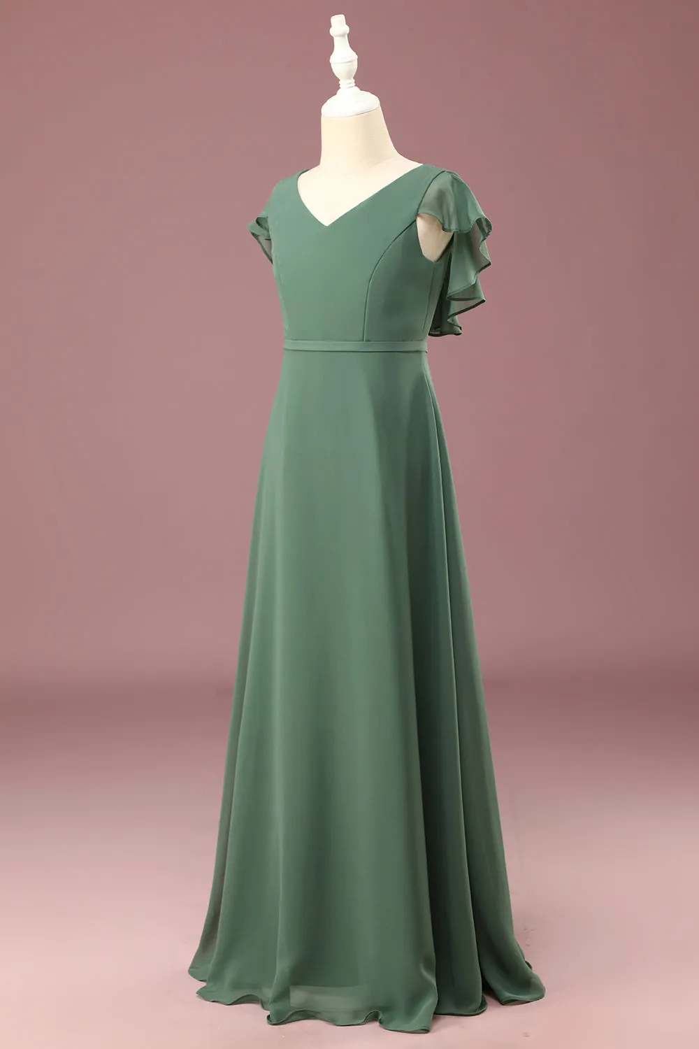 A-line Eucalyptus Chiffon Long Cap Sleeve Junior Bridesmaid Dress