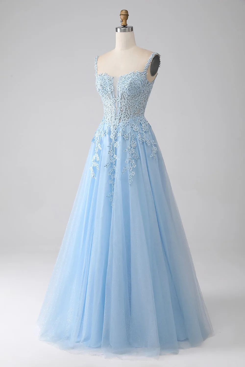 A-Line Light Blue Corset Prom Dress with Appliques