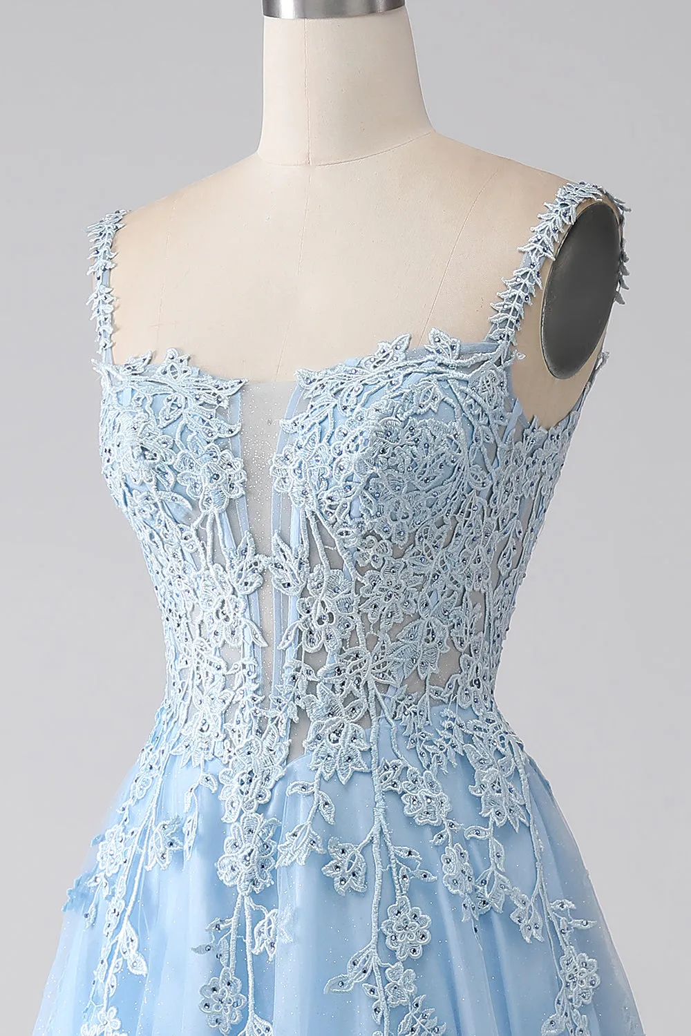 A-Line Light Blue Corset Prom Dress with Appliques