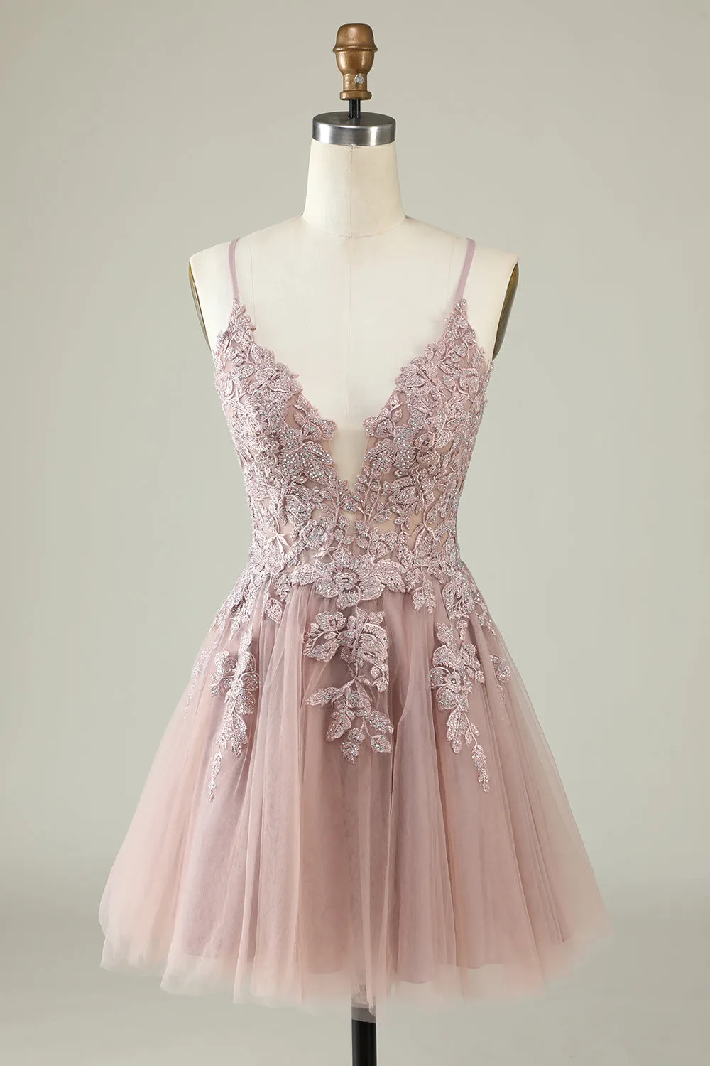 A Line Spaghetti Straps Blush Short Homecoming Dress with Appliques