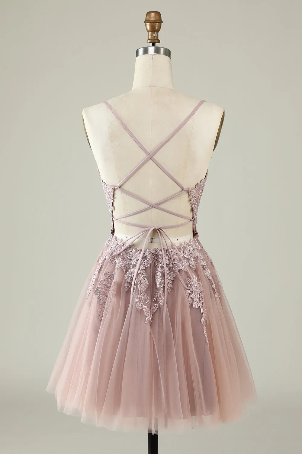 A Line Spaghetti Straps Blush Short Homecoming Dress with Appliques