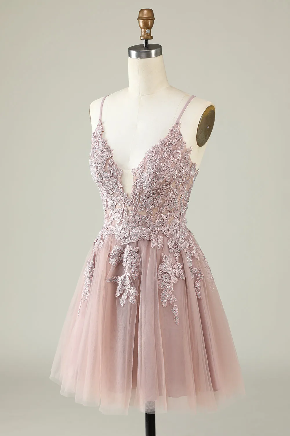 A Line Spaghetti Straps Blush Short Homecoming Dress with Appliques