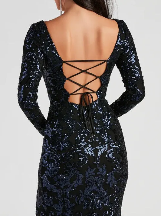 Backless Lace-Up Long Charming Sleeve Sequin Party Dress