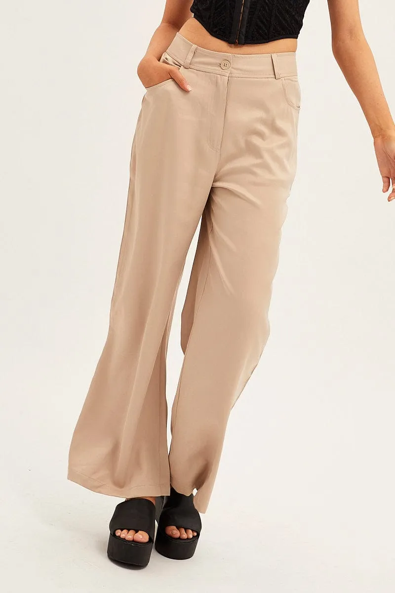 Beige Wide Leg Pants High Rise