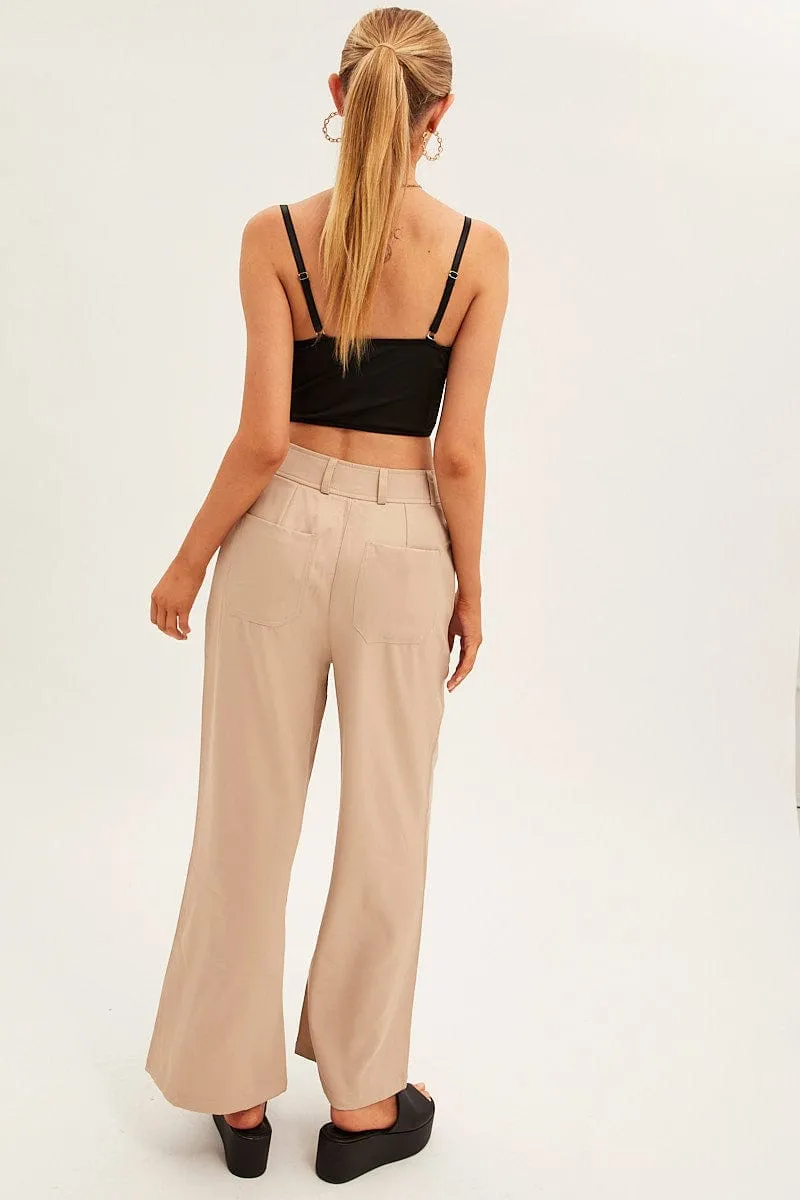 Beige Wide Leg Pants High Rise