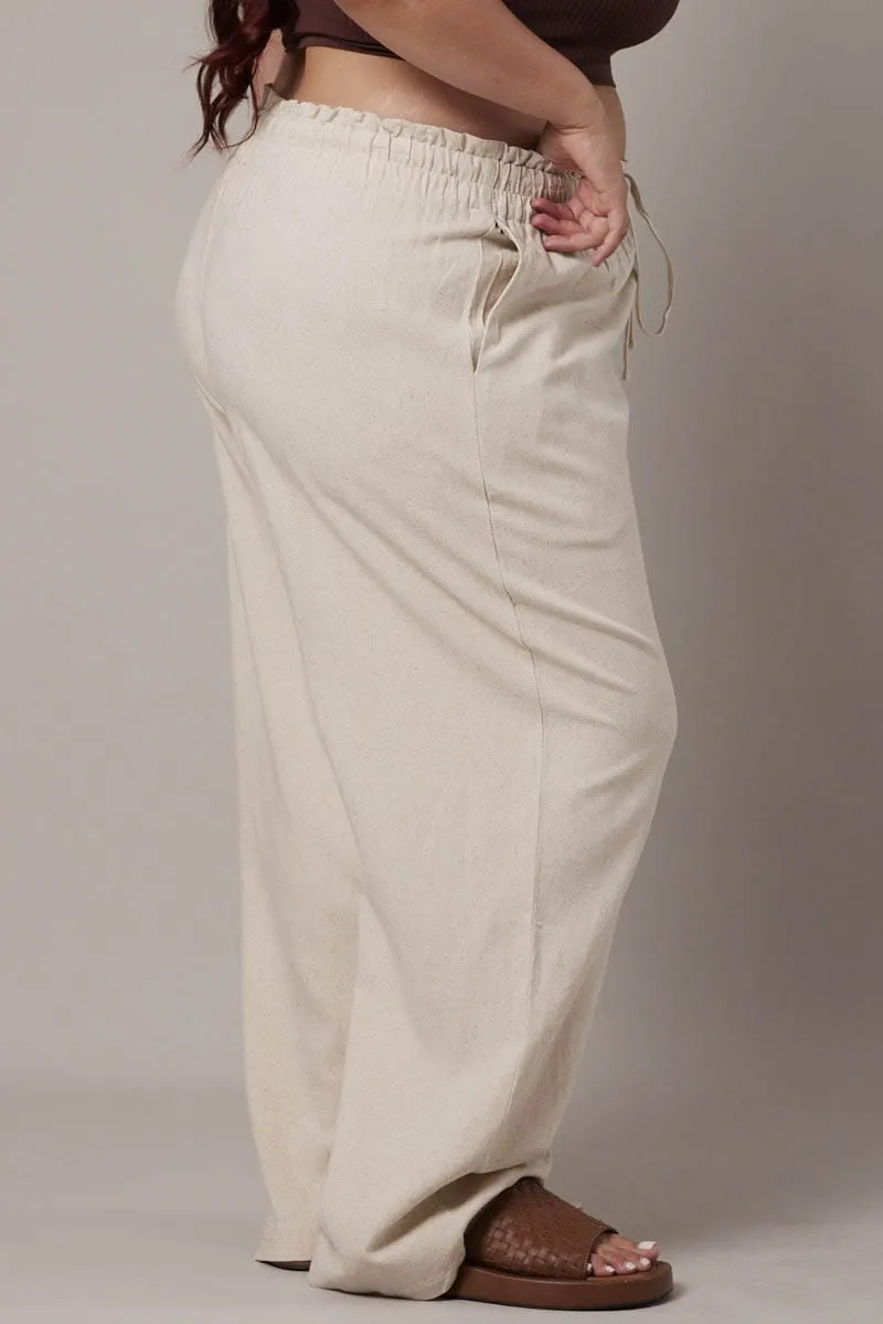 Beige Wideleg Pants Paperbag Elastic Waist Linen Blend