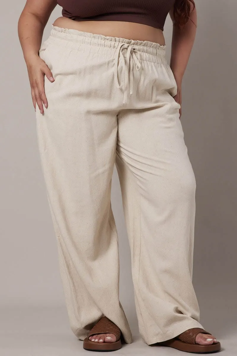 Beige Wideleg Pants Paperbag Elastic Waist Linen Blend