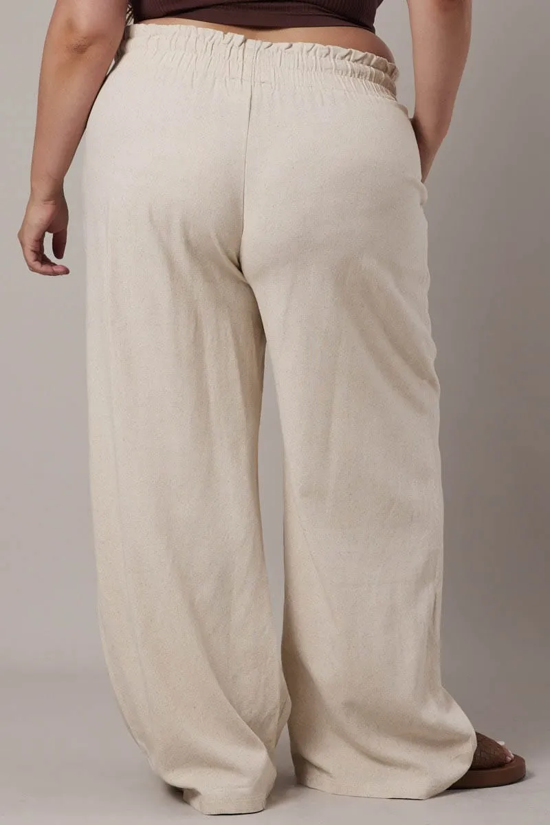 Beige Wideleg Pants Paperbag Elastic Waist Linen Blend