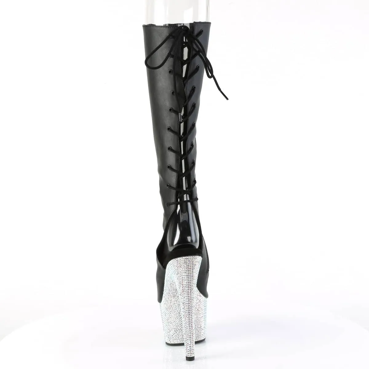 BEJEWELED-2018-7 Black & Silver Knee High Peep Toe Boots