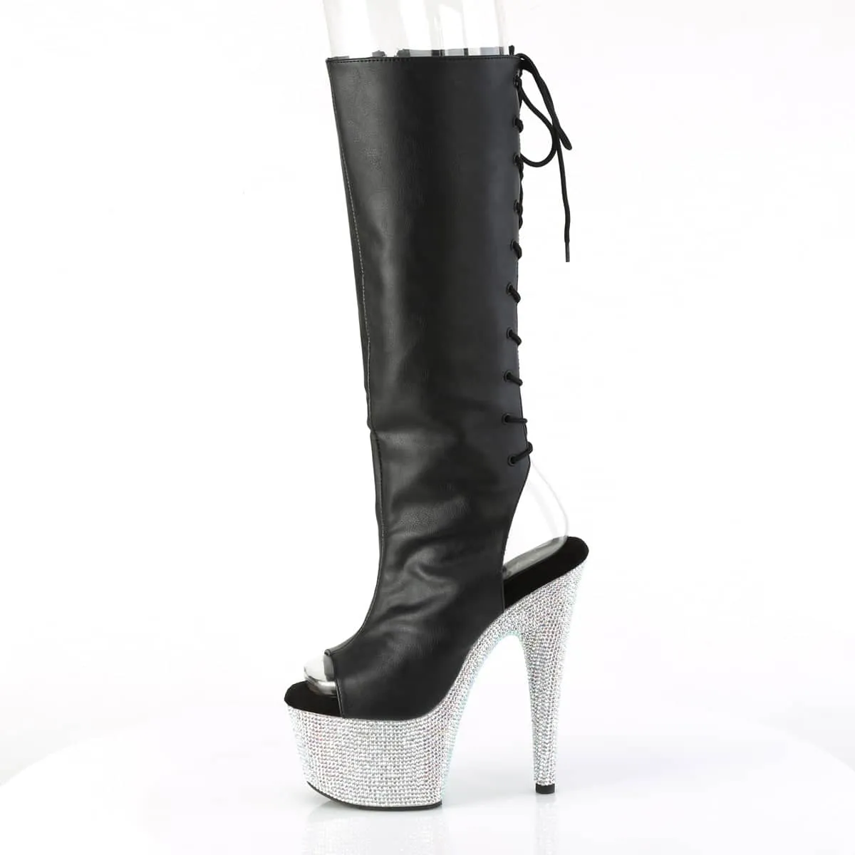 BEJEWELED-2018-7 Black & Silver Knee High Peep Toe Boots