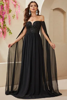 Black  A-line Off The Shoulder Chiffon Long Prom Dress