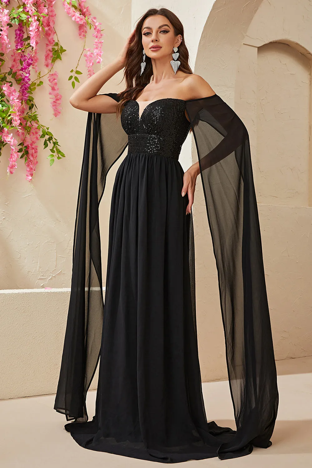 Black  A-line Off The Shoulder Chiffon Long Prom Dress