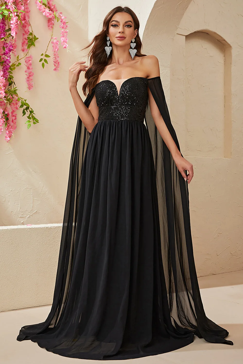 Black  A-line Off The Shoulder Chiffon Long Prom Dress