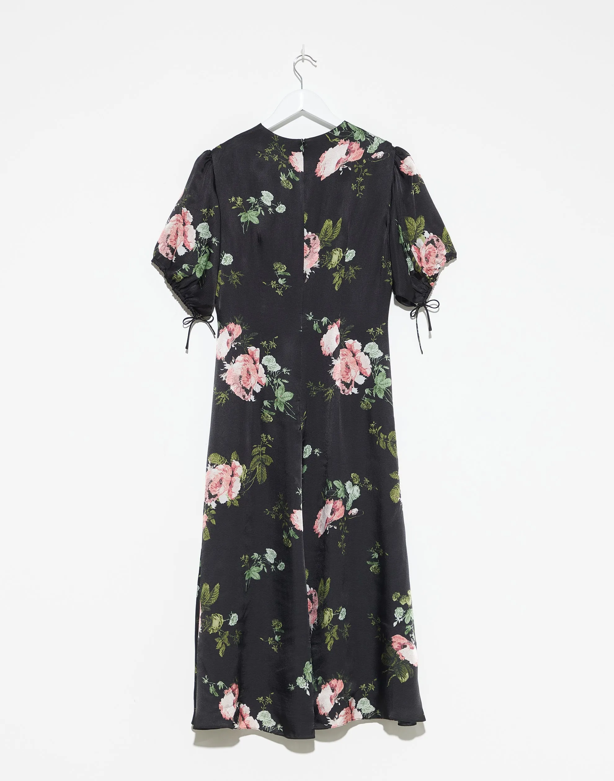 Black Floral Viscose Tie Detail Midi Dress