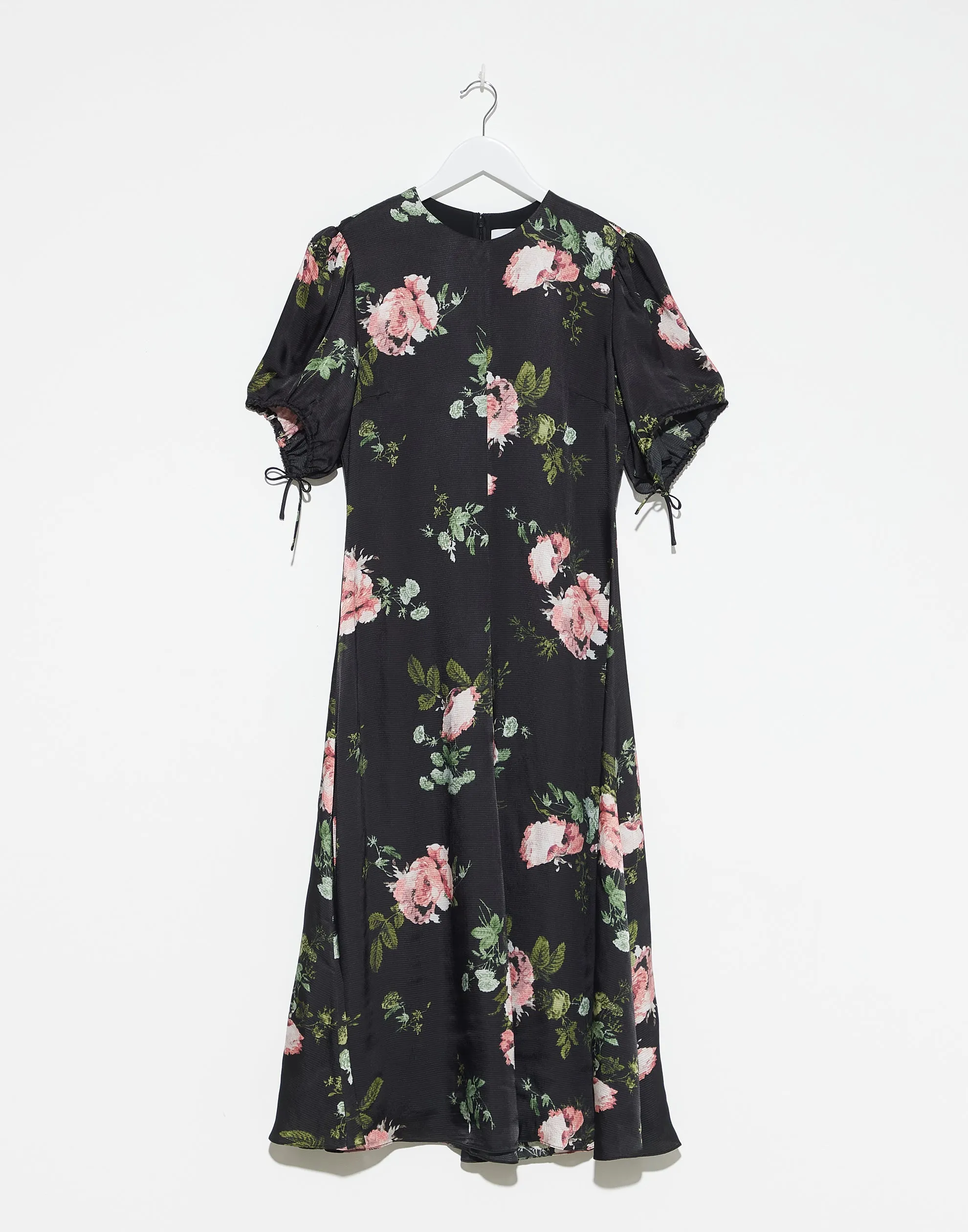 Black Floral Viscose Tie Detail Midi Dress