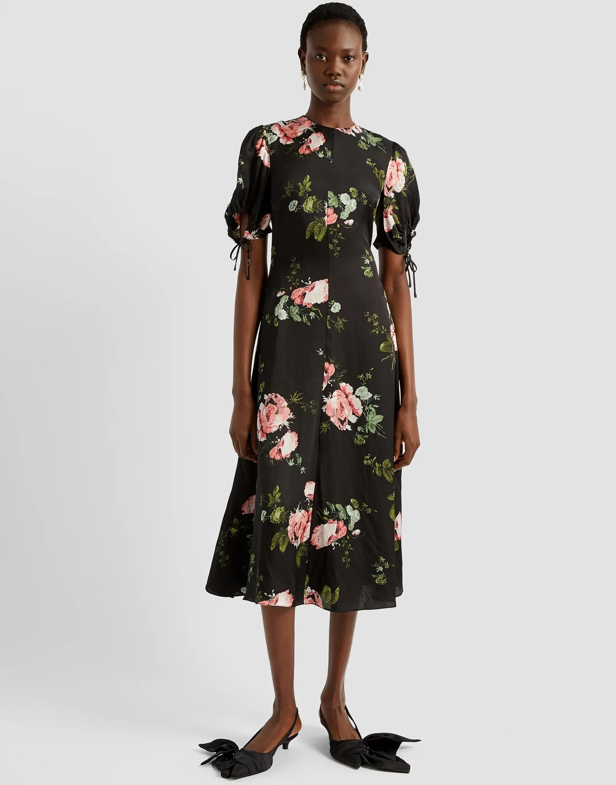 Black Floral Viscose Tie Detail Midi Dress