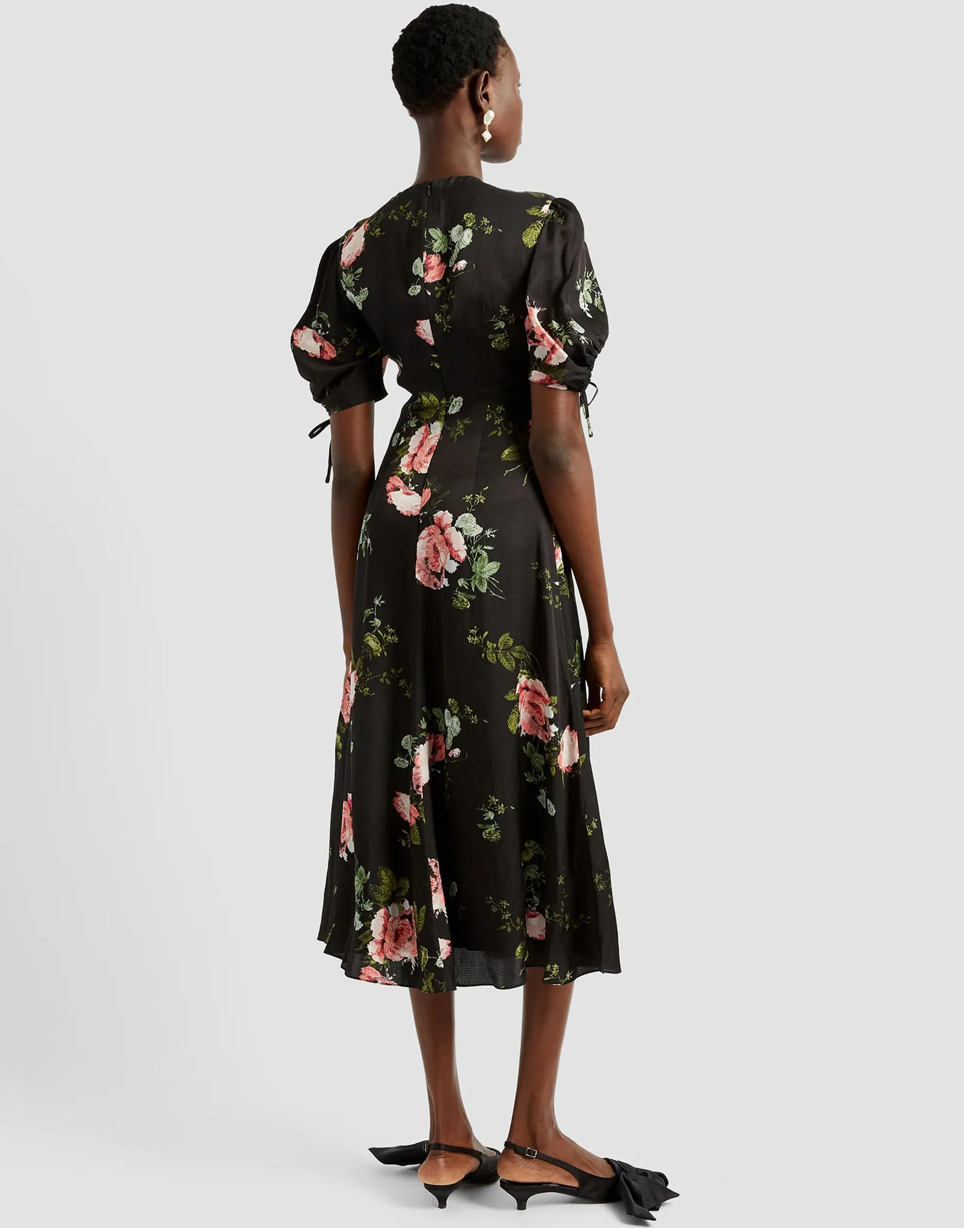 Black Floral Viscose Tie Detail Midi Dress