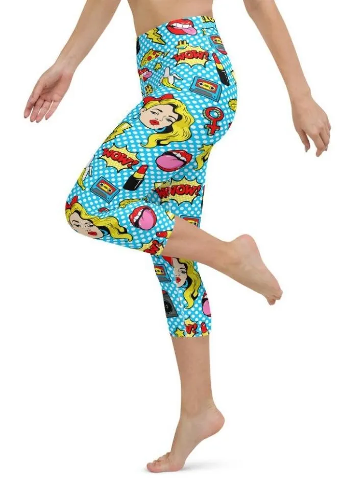 Blue Pop Art Pattern Yoga Capris