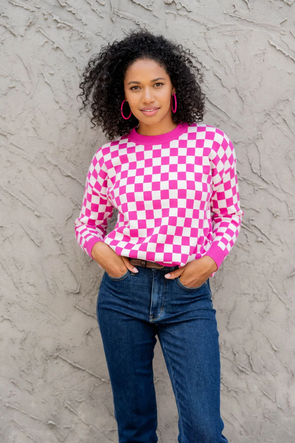 Checkered Ribbed Trim Sweater