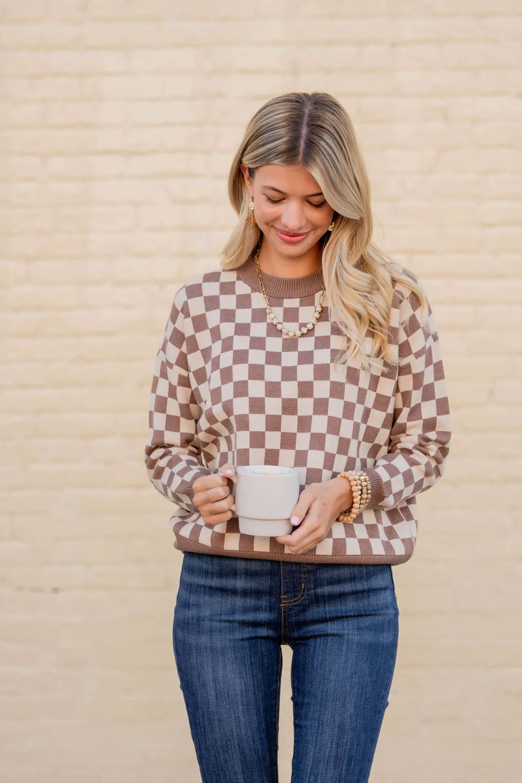 Checkered Ribbed Trim Sweater