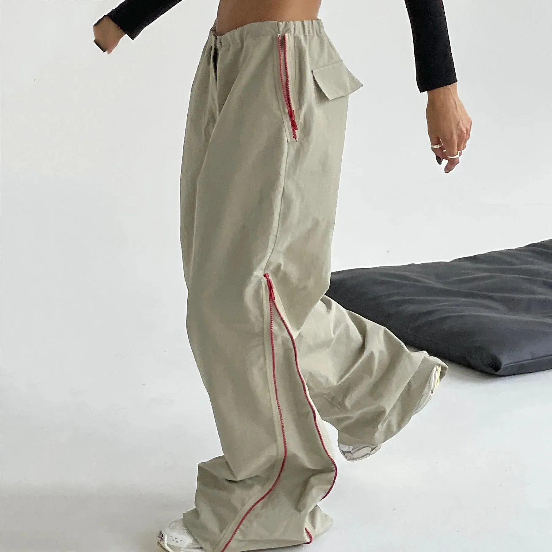 Color Zipper Design Wide Leg Pants