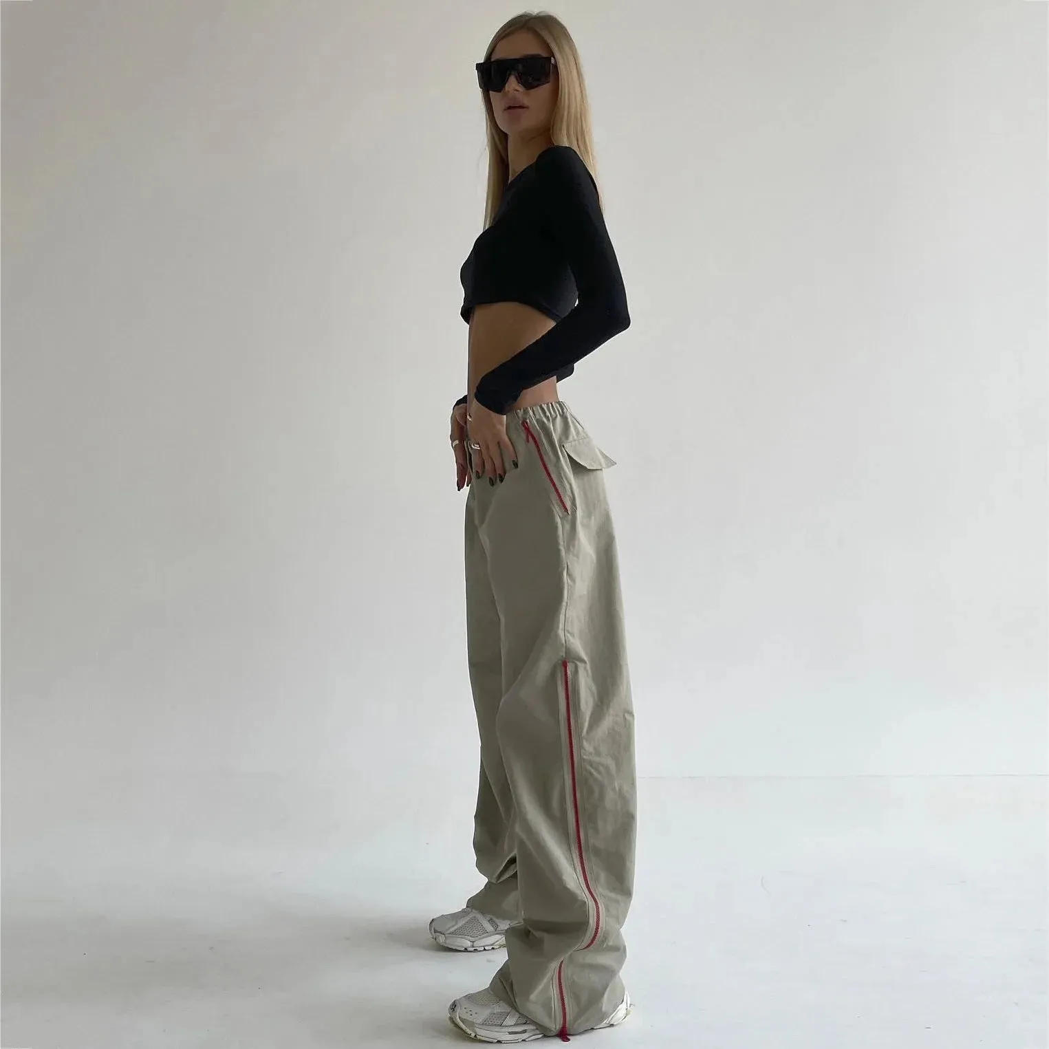 Color Zipper Design Wide Leg Pants