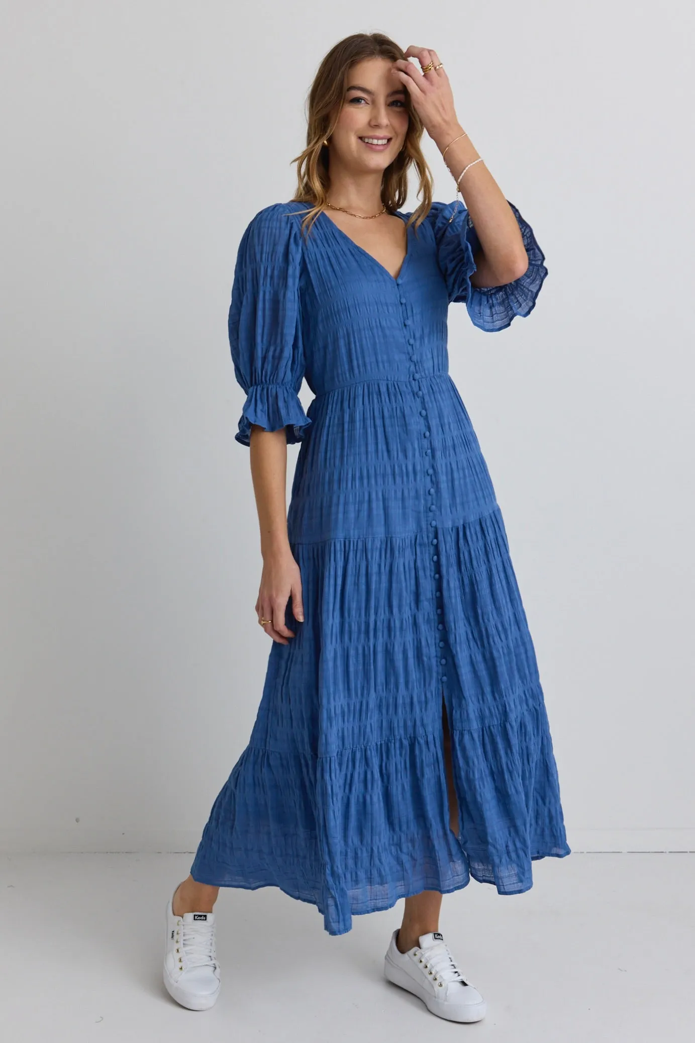 Dreamy Steel Blue Bubble SS Button Front Tiered Maxi Dress