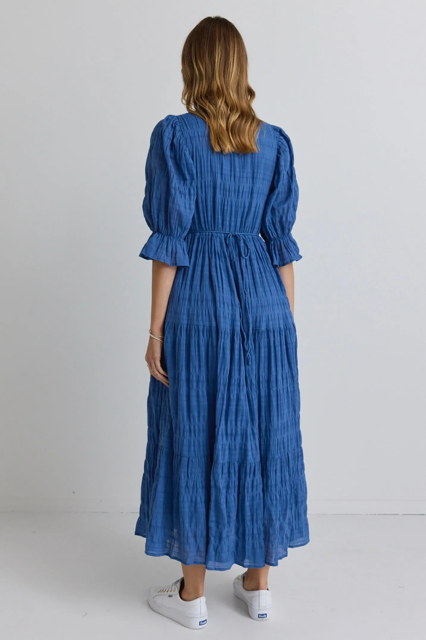 Dreamy Steel Blue Bubble SS Button Front Tiered Maxi Dress