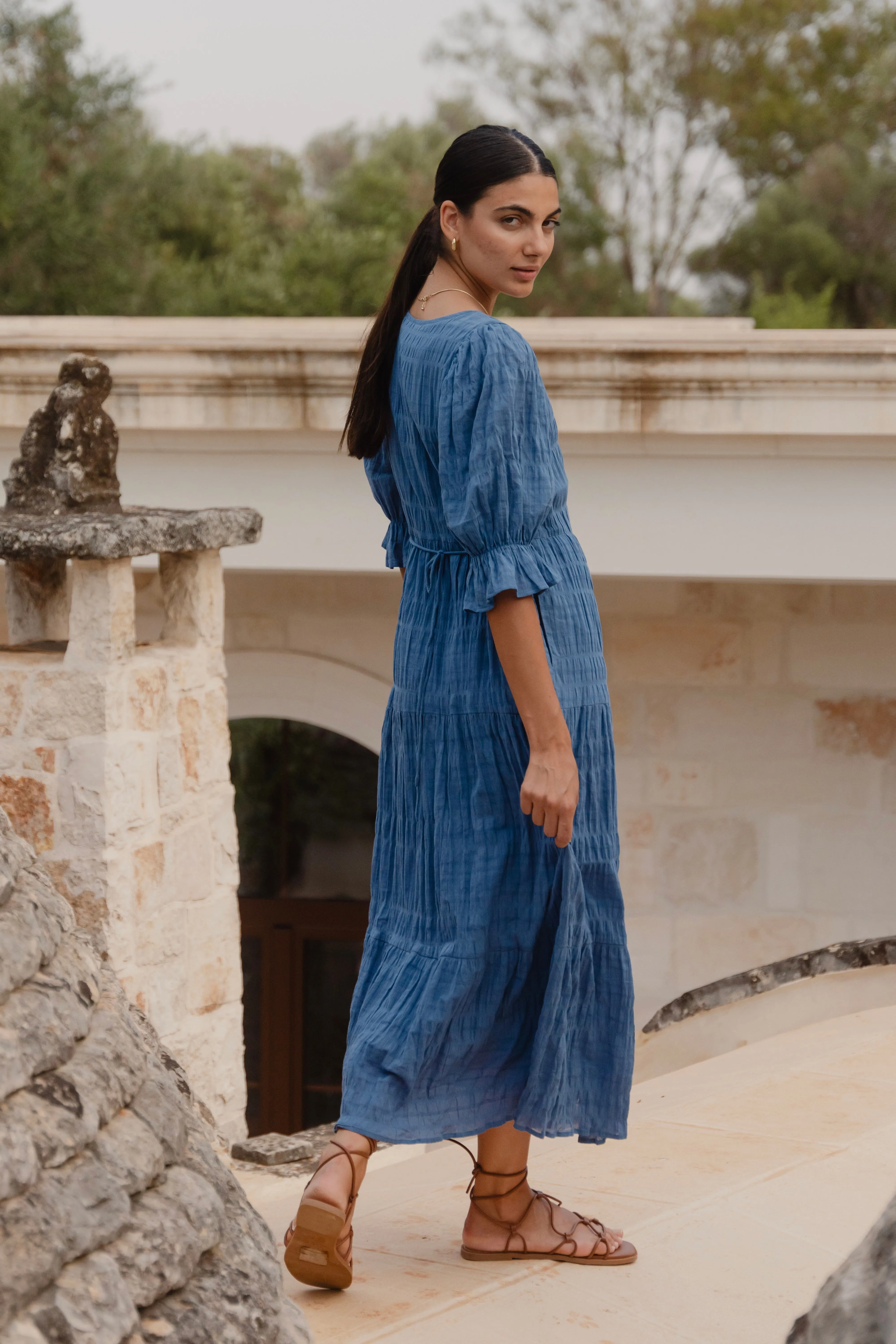 Dreamy Steel Blue Bubble SS Button Front Tiered Maxi Dress