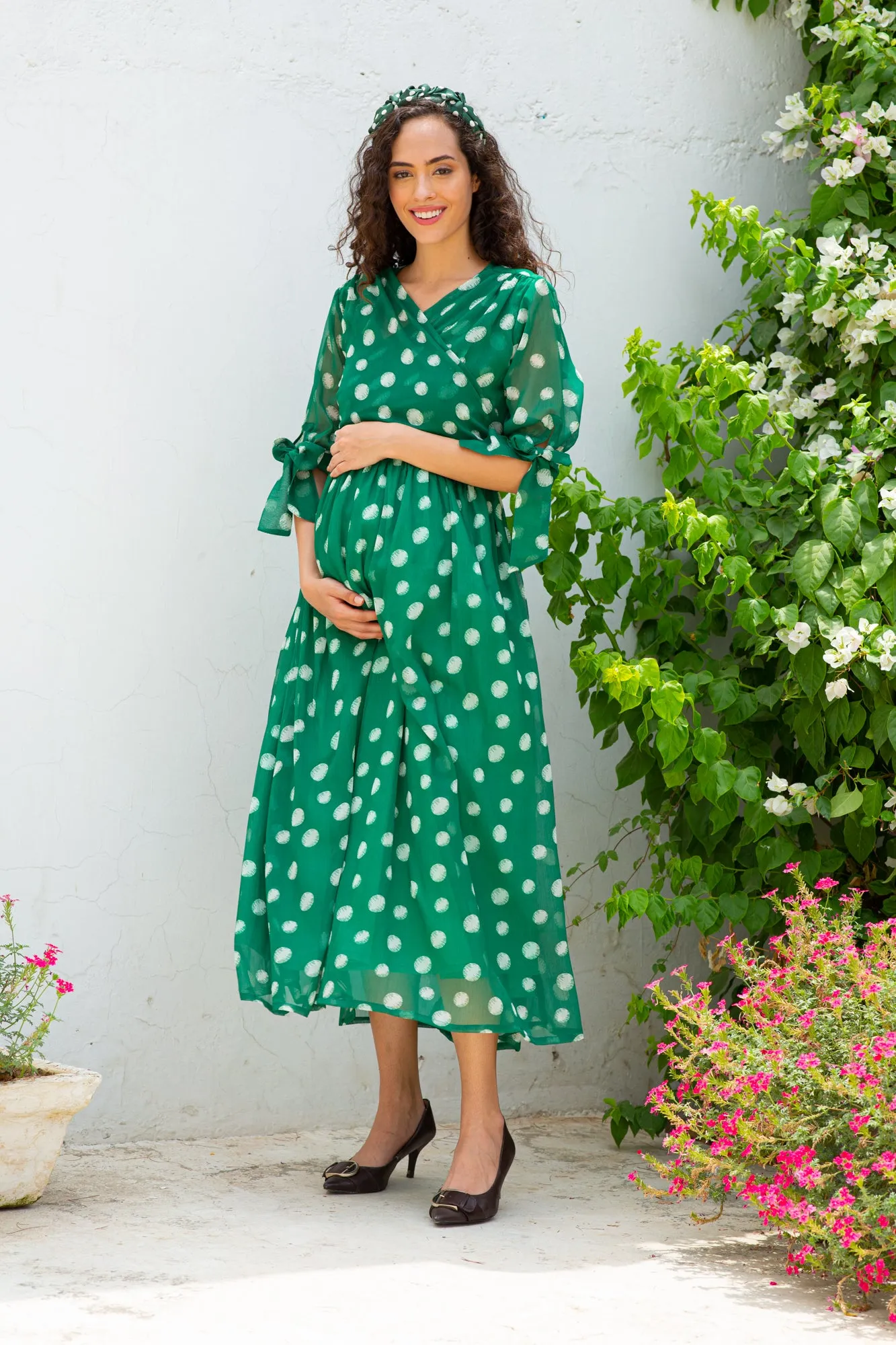 Emerald Dancing Polka Maternity & Nursing Midi Wrap Dress