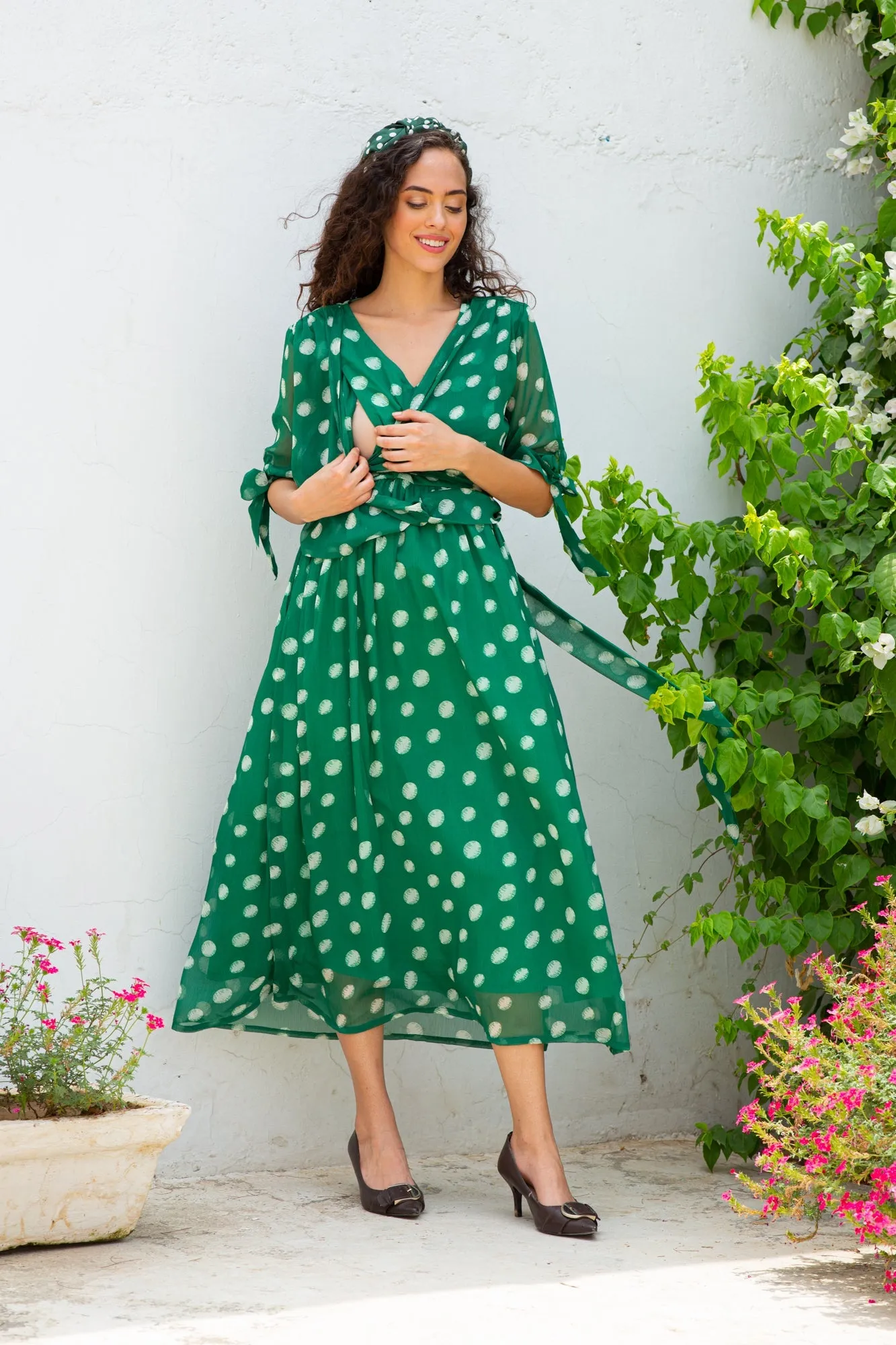 Emerald Dancing Polka Maternity & Nursing Midi Wrap Dress