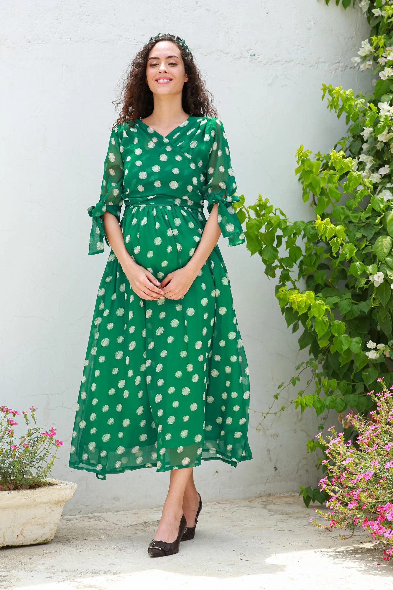 Emerald Dancing Polka Maternity & Nursing Midi Wrap Dress