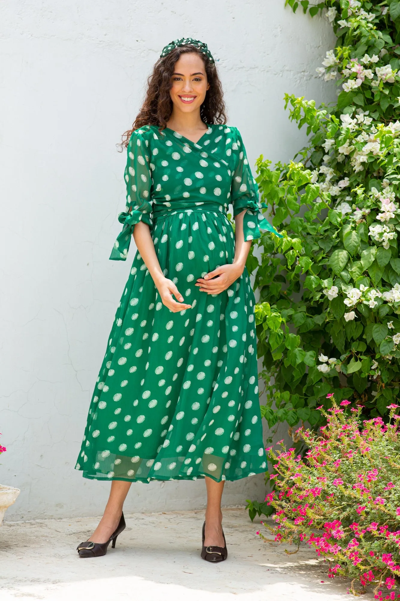 Emerald Dancing Polka Maternity & Nursing Midi Wrap Dress