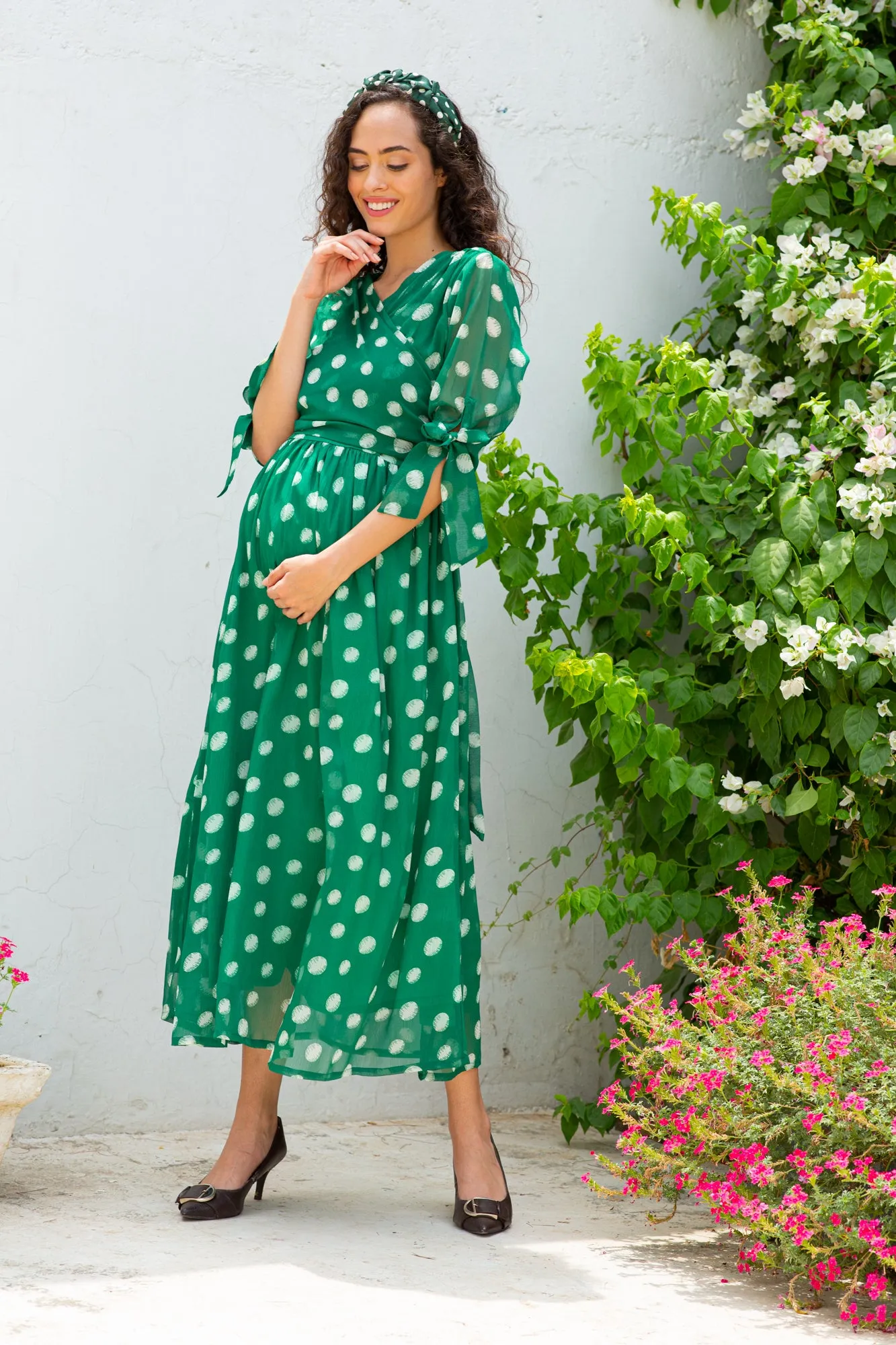 Emerald Dancing Polka Maternity & Nursing Midi Wrap Dress