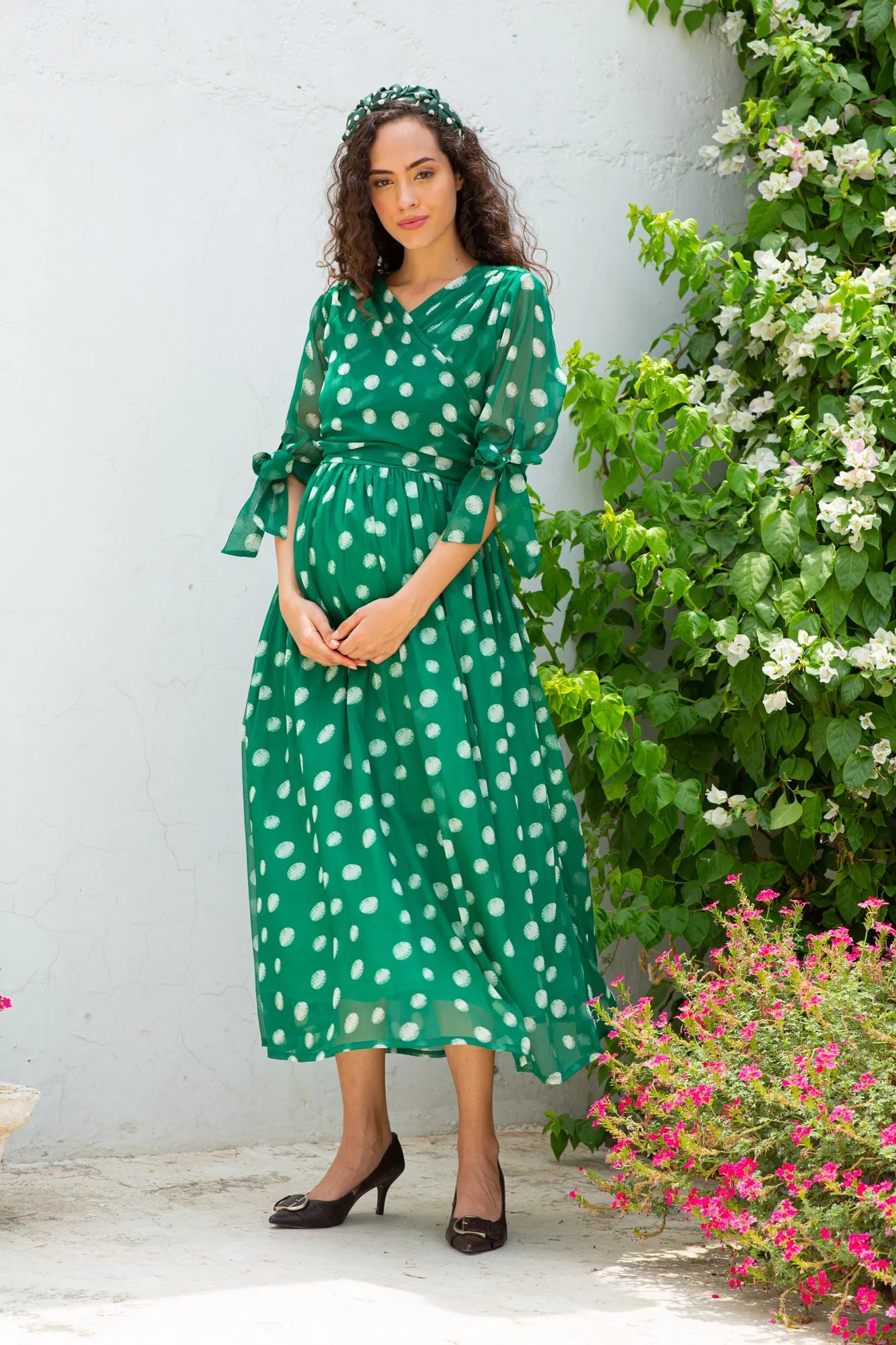 Emerald Dancing Polka Maternity & Nursing Midi Wrap Dress