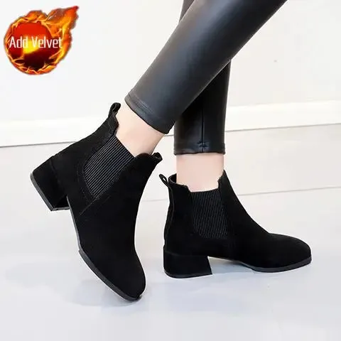 Footwear Elegant with Medium Heels Women's Ankle Boots Black Short Shoes for Woman Chelsea Booties Suede High Quality Y2k Boot