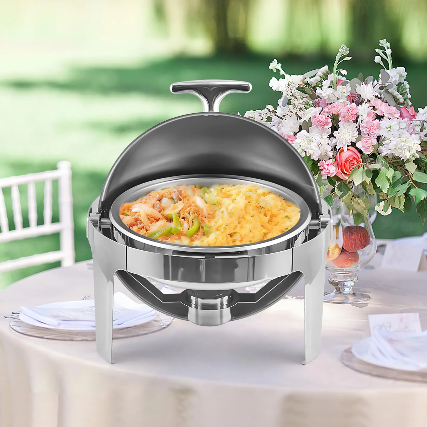 GARVEE 6.8QT Roll Top Chafing Dish Buffet Set,Full Size Stainless Steel Pan Chafer, Round Catering Warmer Server, for Wedding, Parties, Banquet, Catering Event,1 Pack