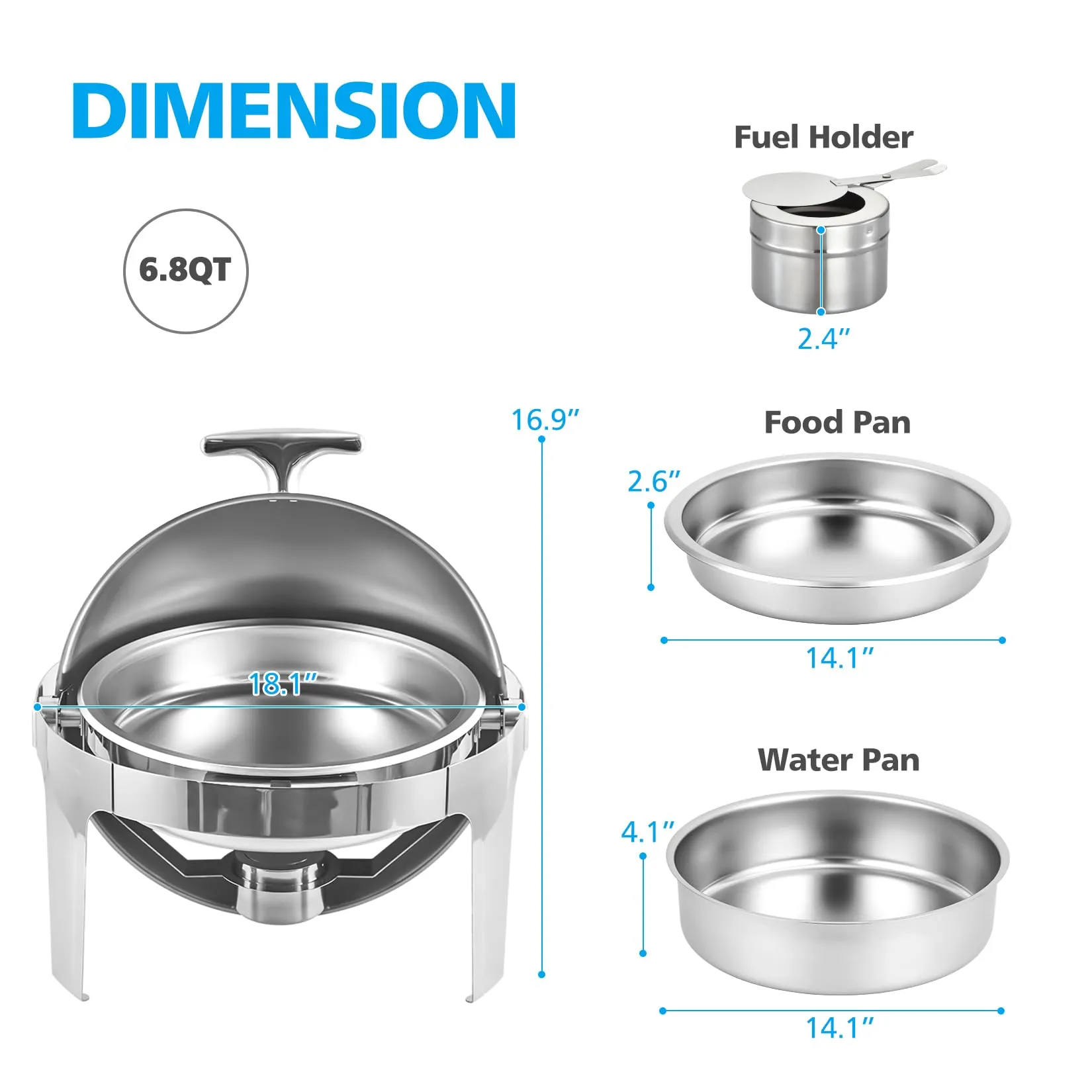 GARVEE 6.8QT Roll Top Chafing Dish Buffet Set,Full Size Stainless Steel Pan Chafer, Round Catering Warmer Server, for Wedding, Parties, Banquet, Catering Event,1 Pack