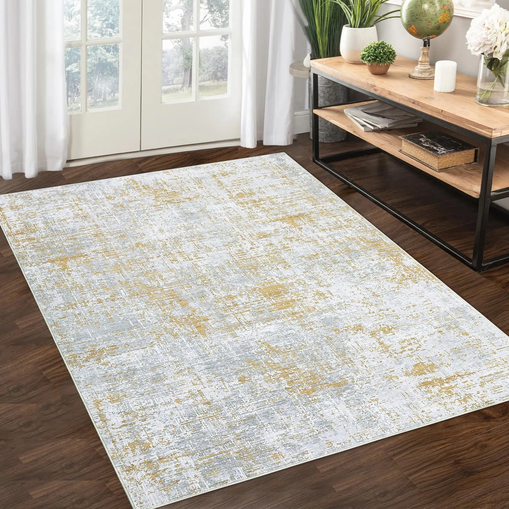 GARVEE Abstract Sketch Distressed Rug 5x7 Non Slip Washable Rug Colorful Overdyed Rug for Living Room Low Pile Contemporary Carpet Thin Rug Living Room Play Mat, Yellow Multi