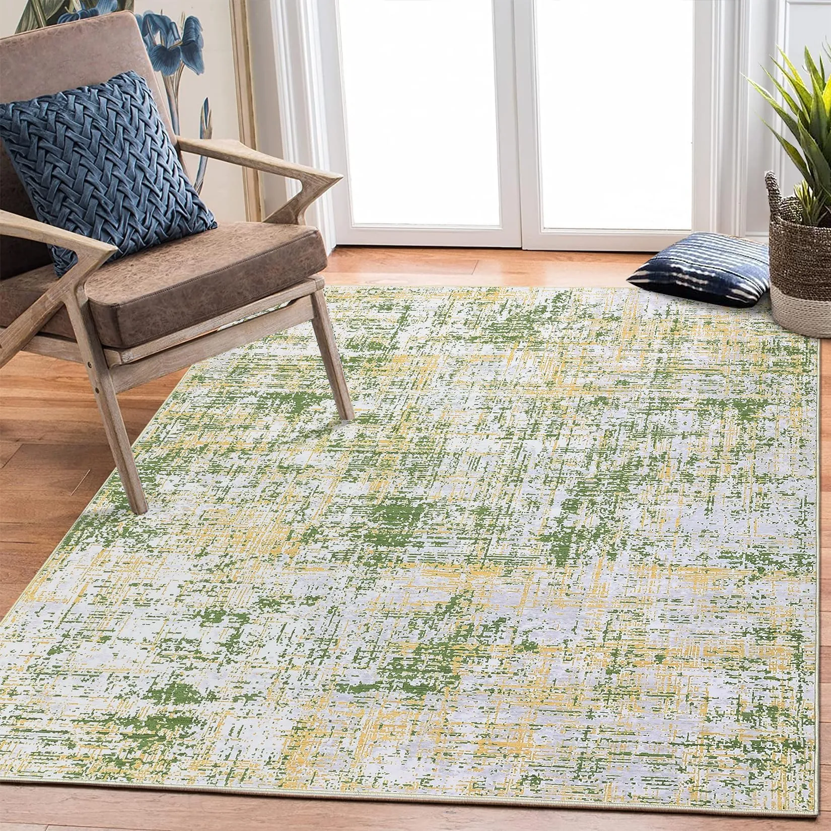 GARVEE Abstract Washable Area Rug 8x10 Non Slip Living Room Rug Modern Carpet Stain Resistant Rug Low Pile Colorful Rug Contemporary Accent Floor Carpet for Bedroom Laundry Room, Green Multi