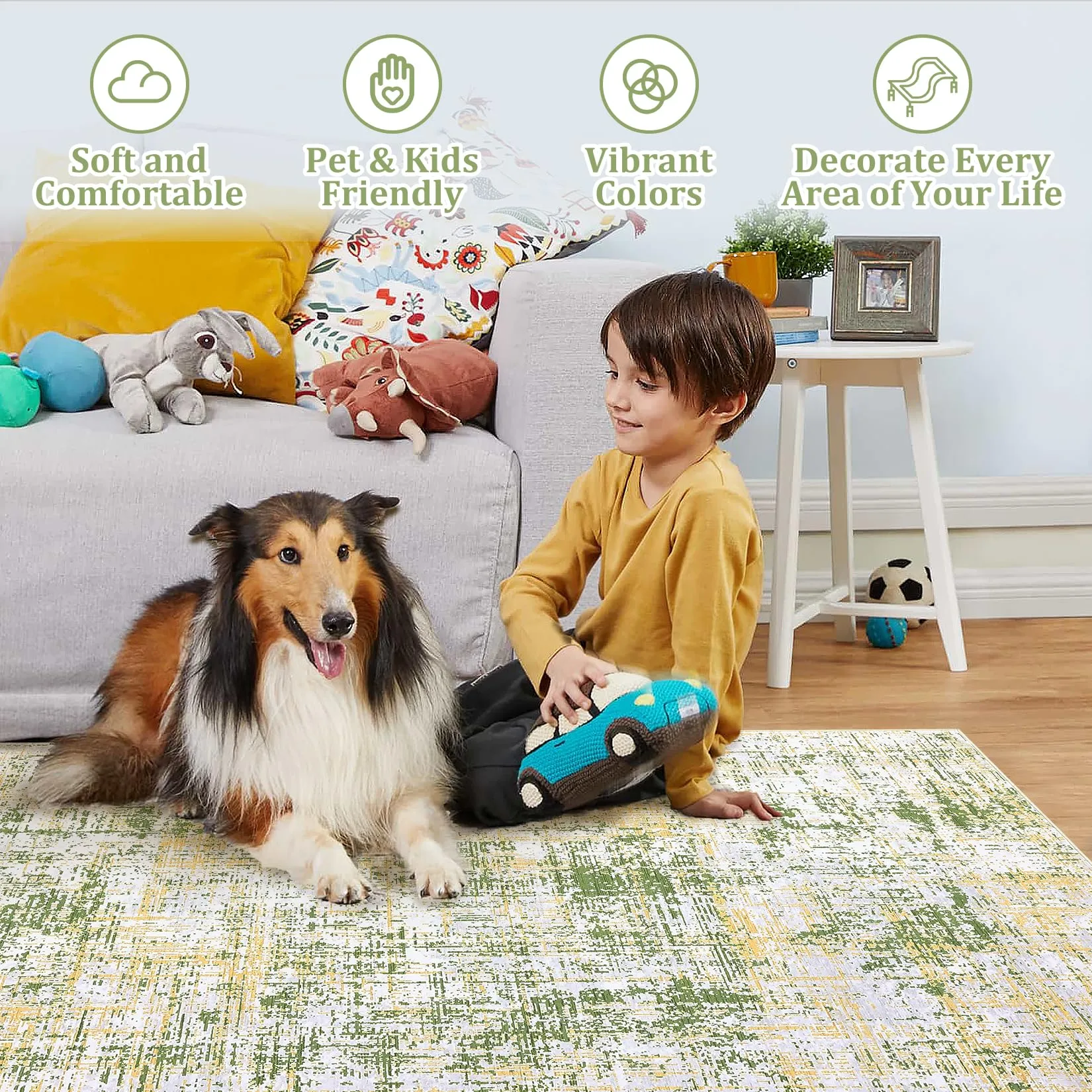 GARVEE Abstract Washable Area Rug 8x10 Non Slip Living Room Rug Modern Carpet Stain Resistant Rug Low Pile Colorful Rug Contemporary Accent Floor Carpet for Bedroom Laundry Room, Green Multi