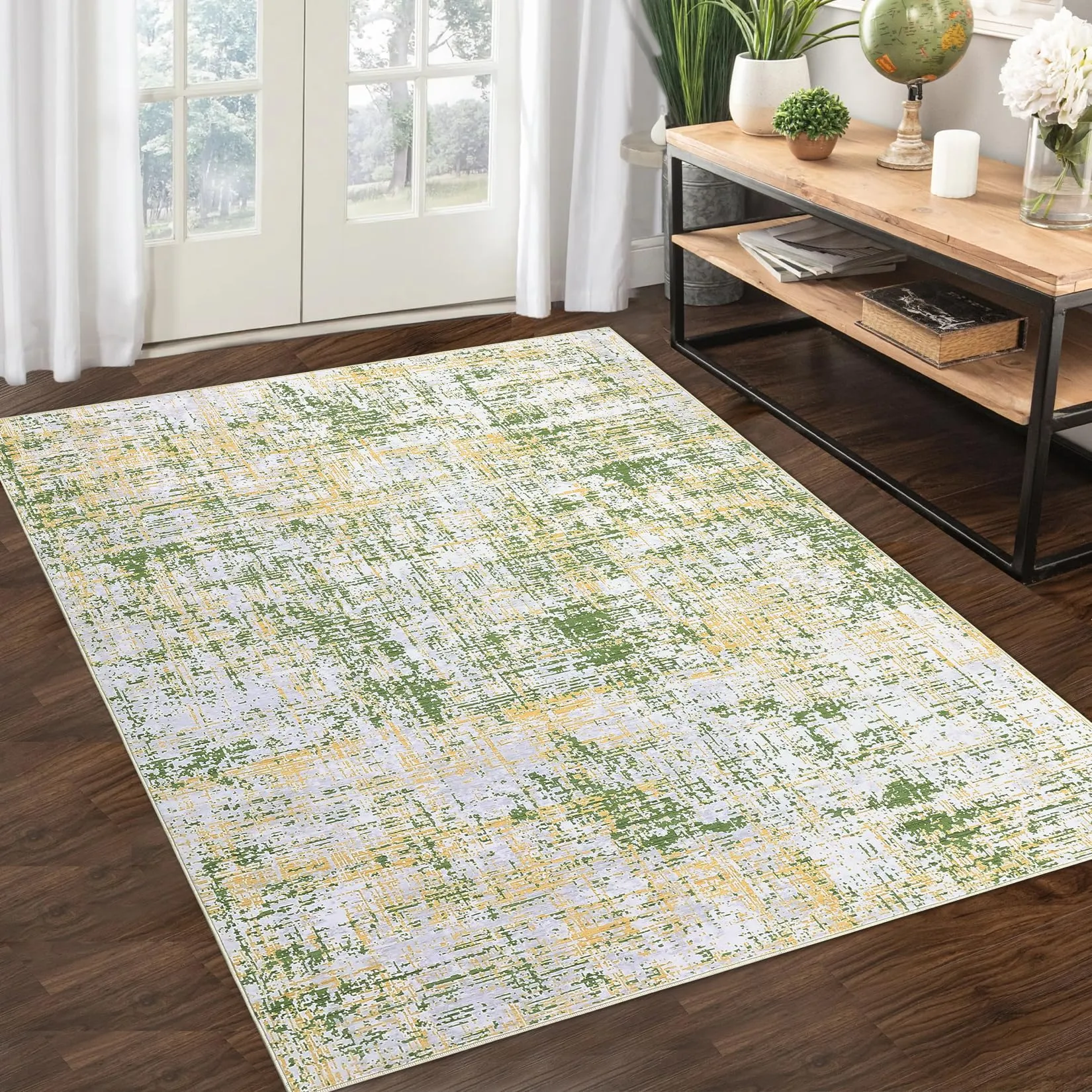 GARVEE Area Rug 9x12 Abstract Contemporary Area Rugs Non Slip Washable Rug Ultra Soft Rug Colorful Overdyed Mat Low Pile Thin Rug Stain Resistant Distressed Rugs for Living Room Bedroom, Green Multi