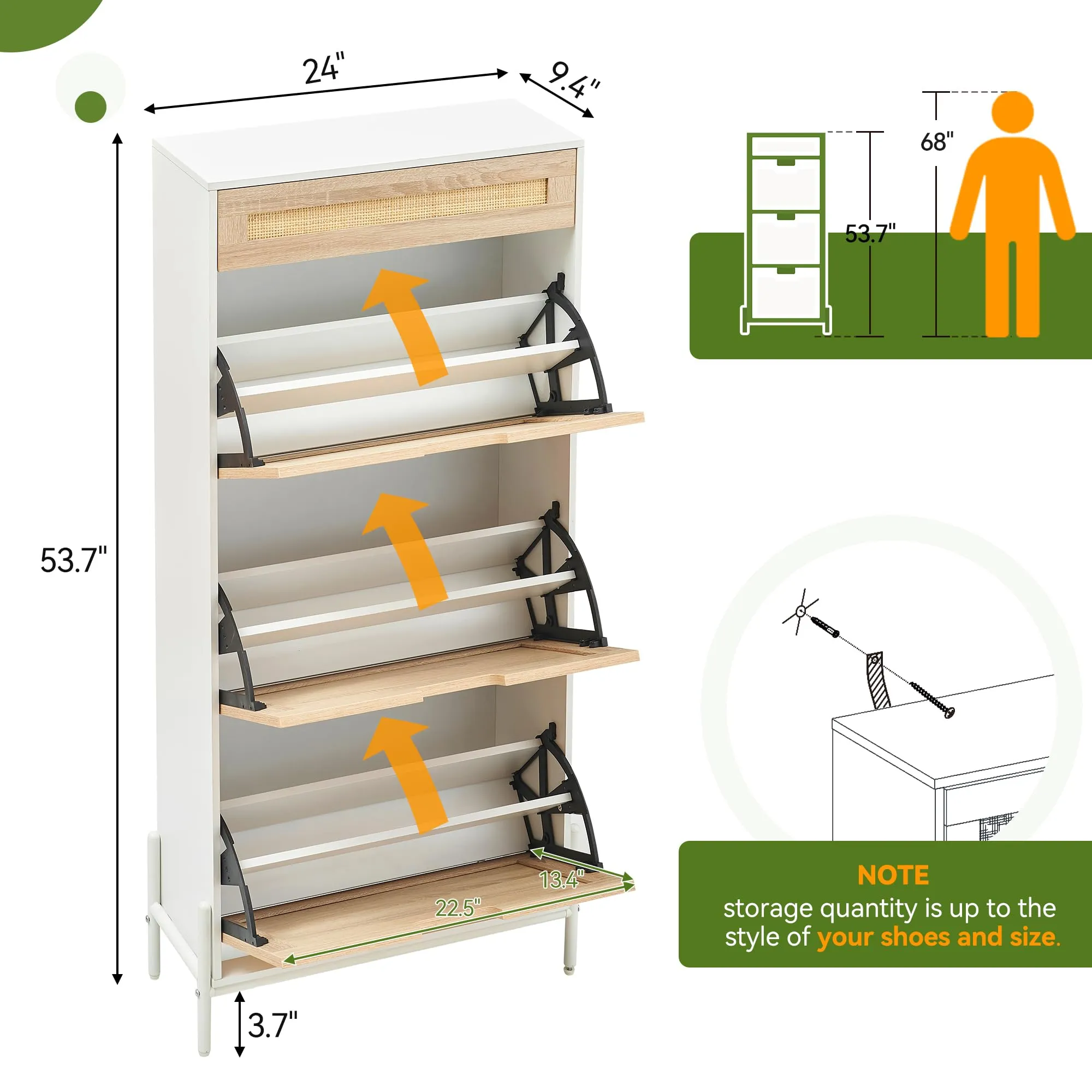 GARVEE Natural Rattan 3 Flip Door with 1 Drawer Shoe Rack Storage Cabinet, Shoe Cabinet Organizer Freestanding with 3-Tier Adjustable Shelves for Entryway, Entrance Hallway (3 Flip Doors, White)