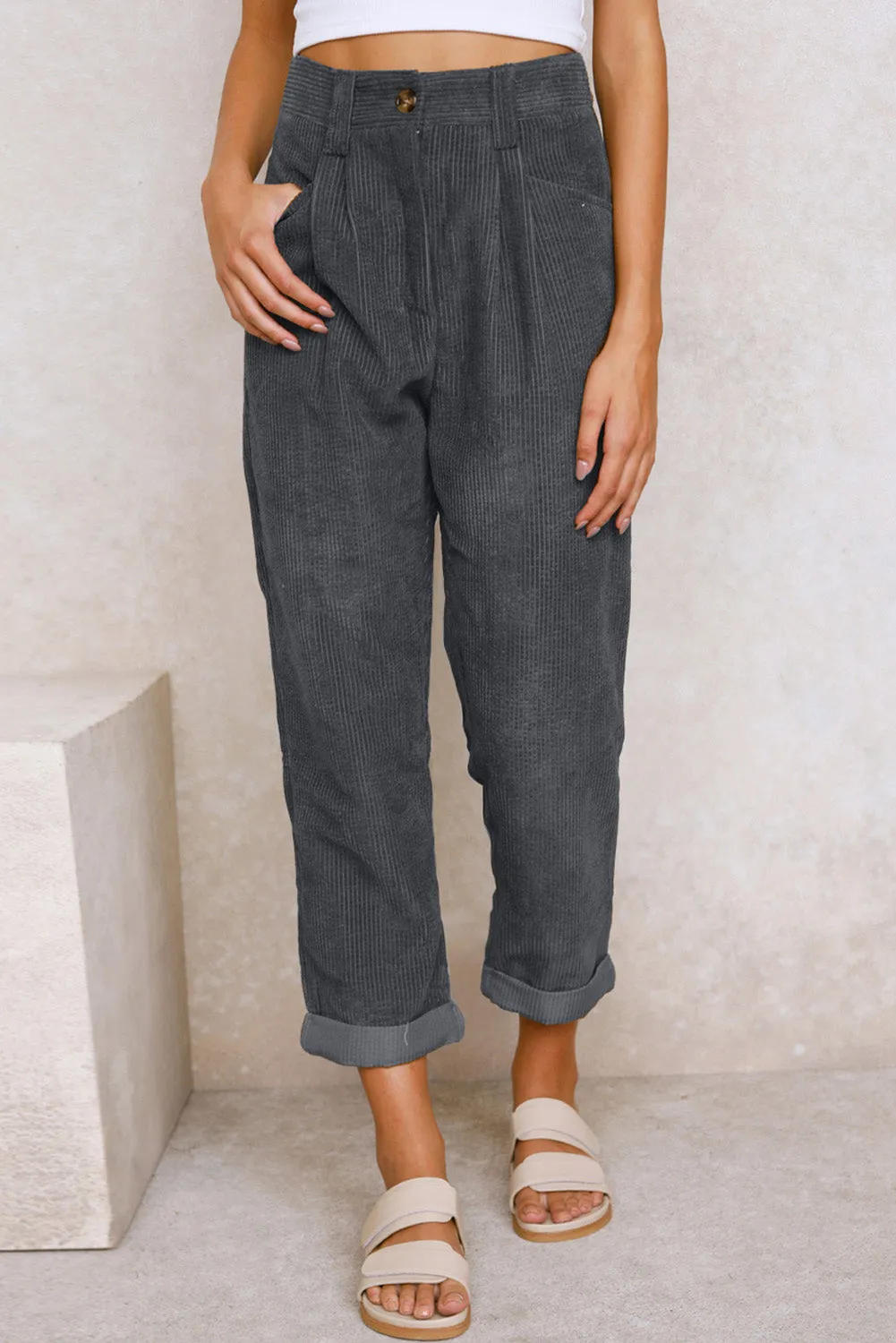 Gray Corduroy High Waist Straight Leg Pants