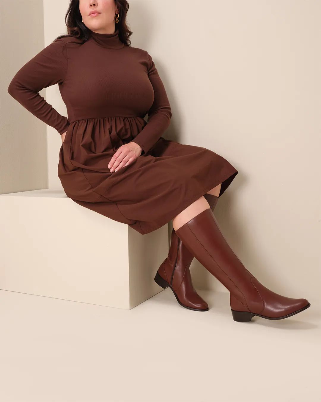 Haltham Petite Knee High Boots in Brown Leather