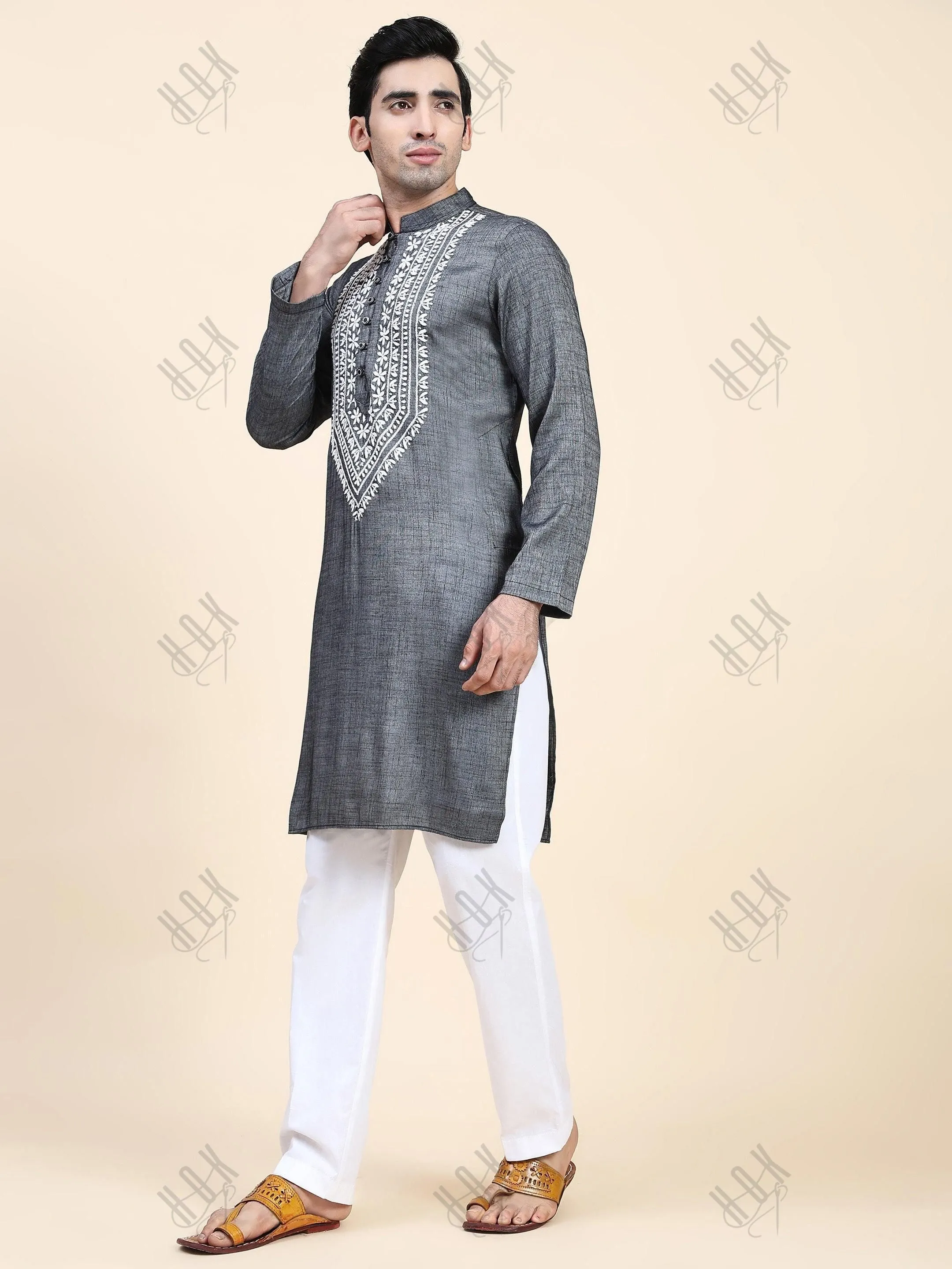 Hemant in HOK Men's Chikankari Kurta in Cotton Silk Blend - Grey