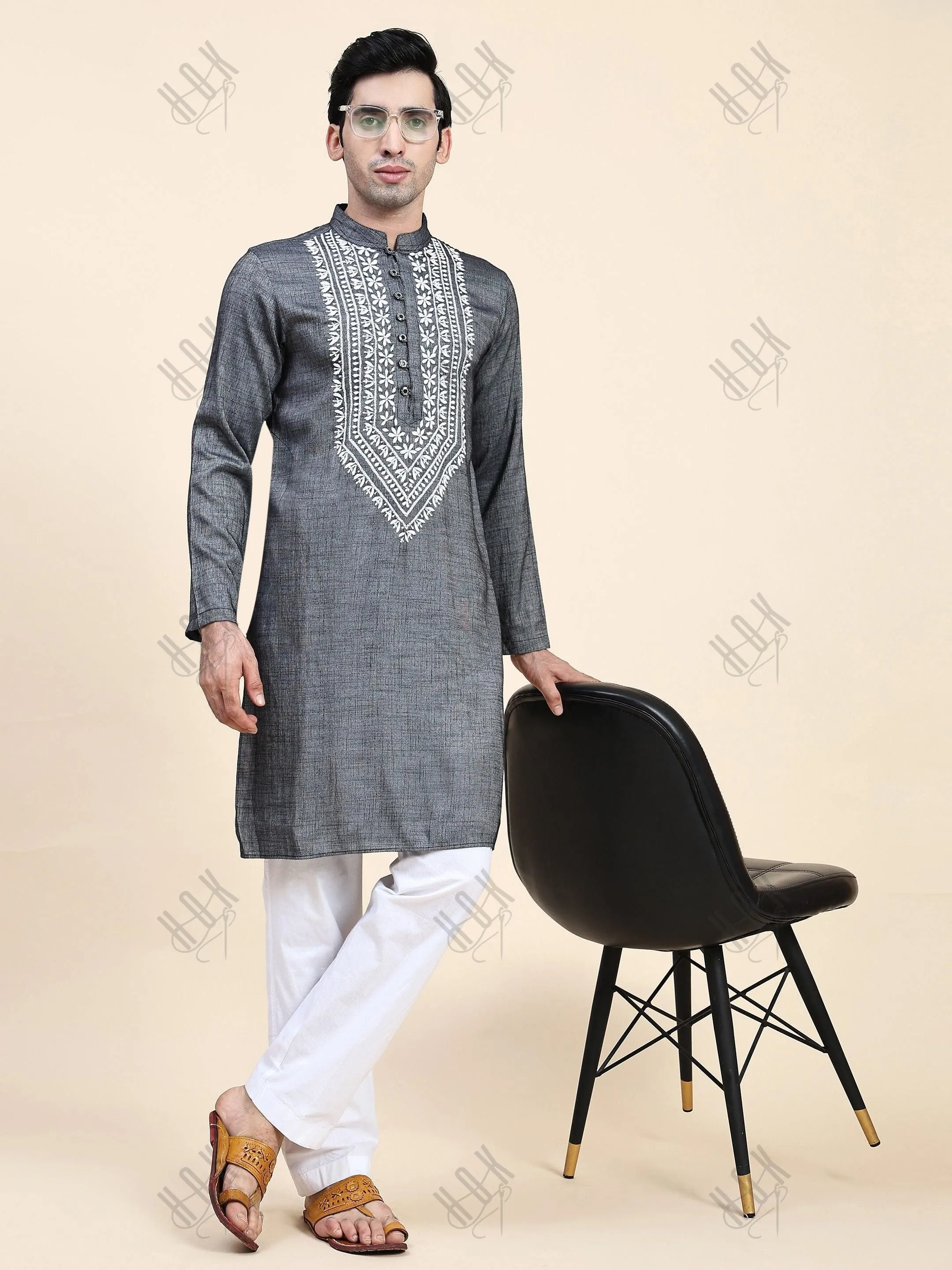 Hemant in HOK Men's Chikankari Kurta in Cotton Silk Blend - Grey