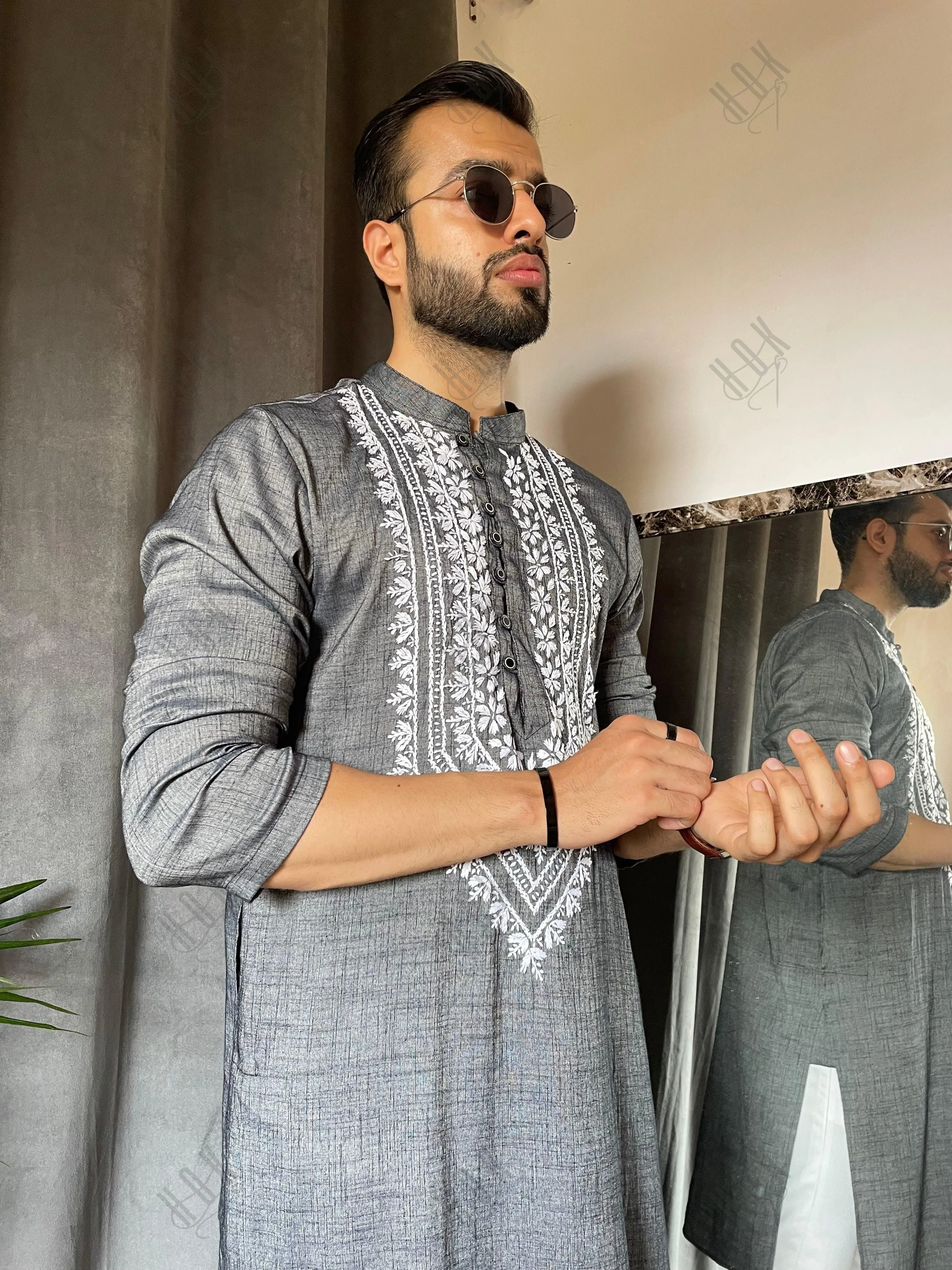 Hemant in HOK Men's Chikankari Kurta in Cotton Silk Blend - Grey