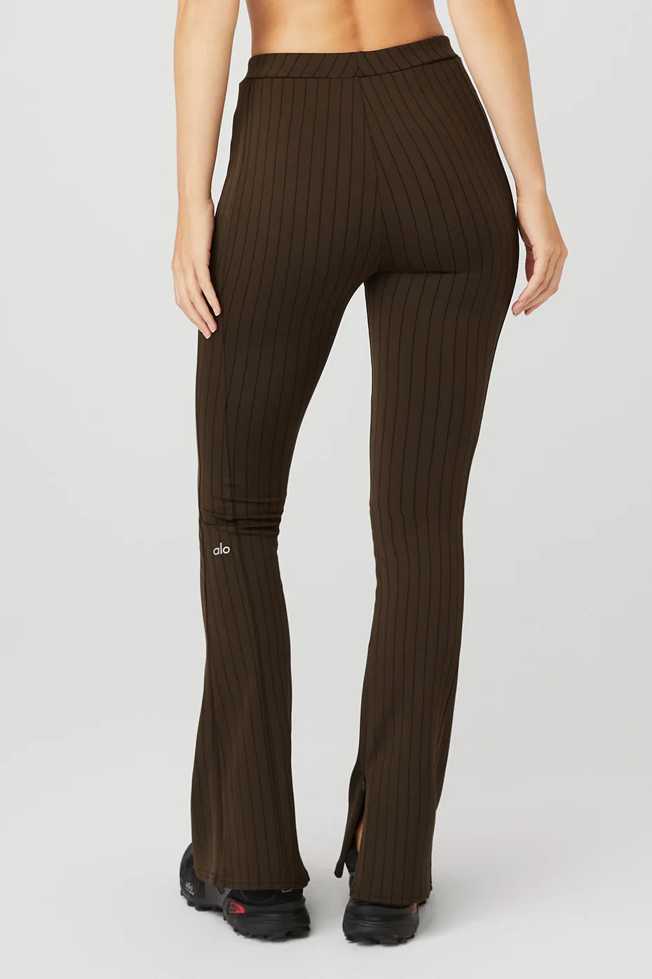 High-Waist Pinstripe Zip It Flare Legging - Espresso/Black