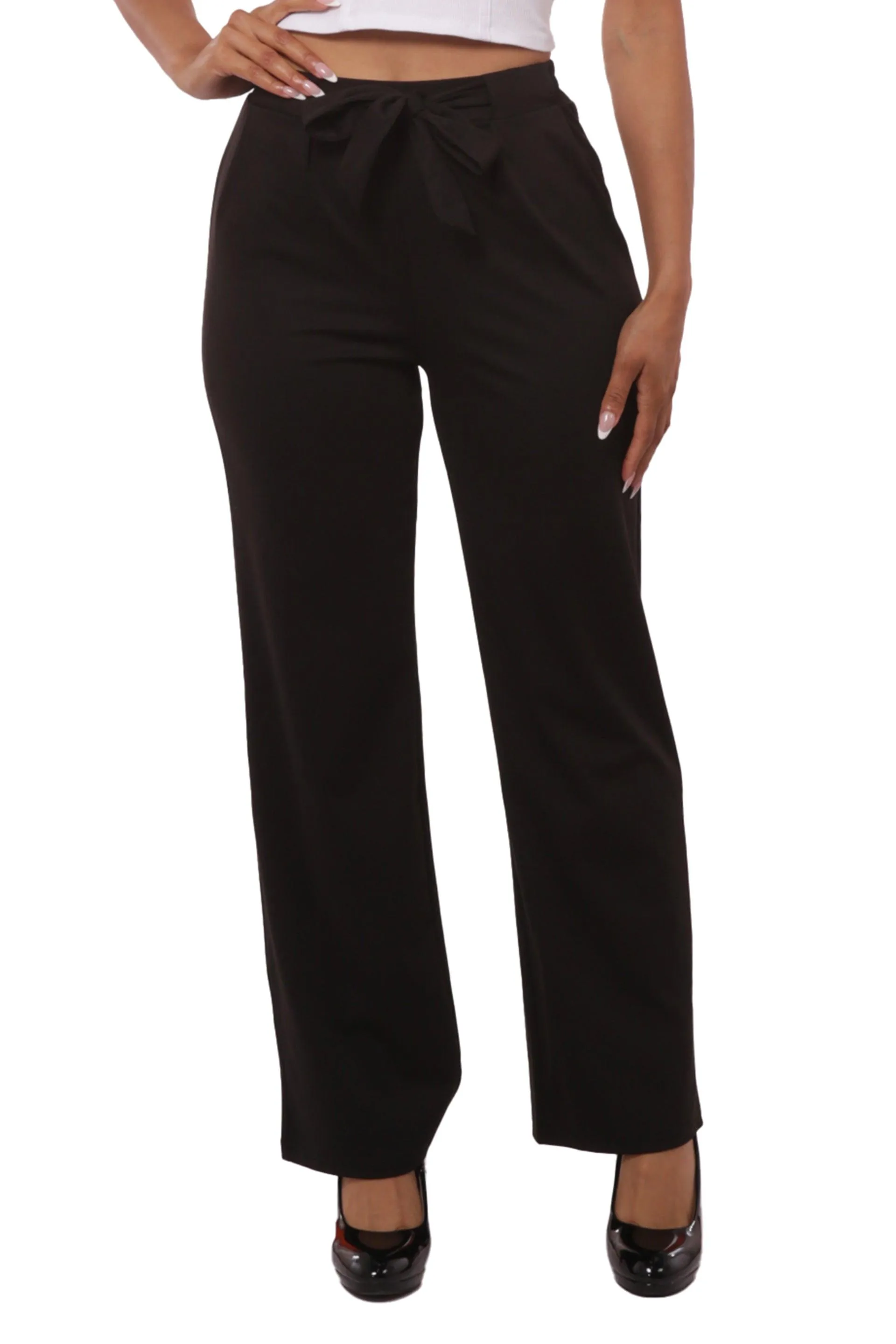 High Waist Straight Leg Pants With Waist Tie - Black